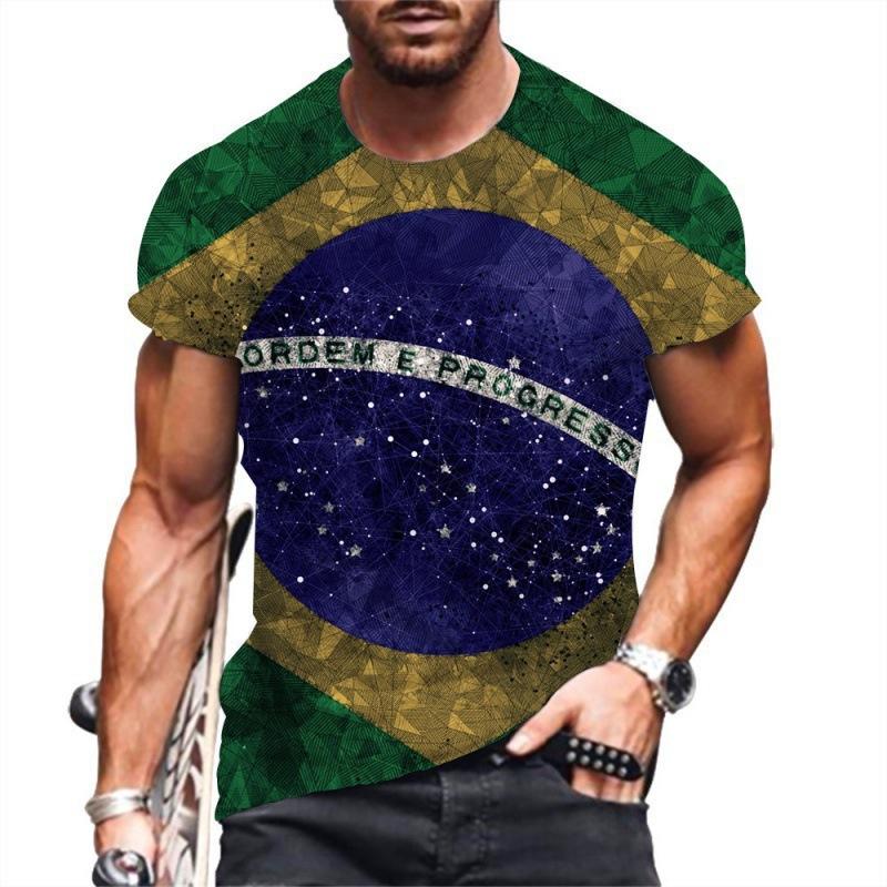 Summer Round Neck 3D Brazilian Flag Football Jersey Print Top Fashionable Casual Short Sleeved Men's T-shirts