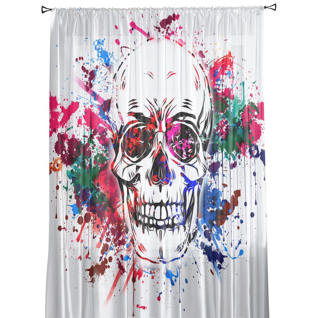 Watercolor Painting Art Splatter Skull Tulle Curtains For Living Room Sheer Curtain Bedroom Voile Decorative Window Treatments