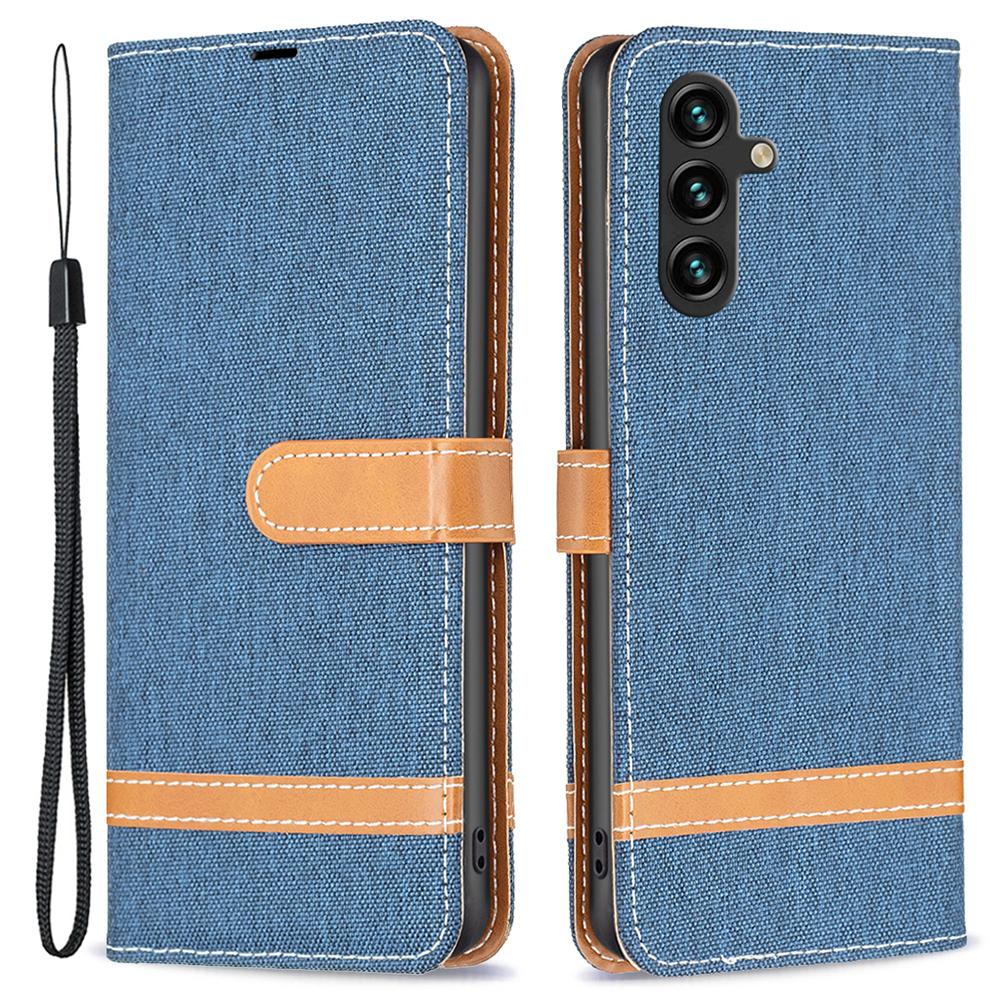 

For Samsung Galaxy A55 5G Cell Phone Case Jeans Cloth Splicing Leather Stand Protective Cover Navy Blue
