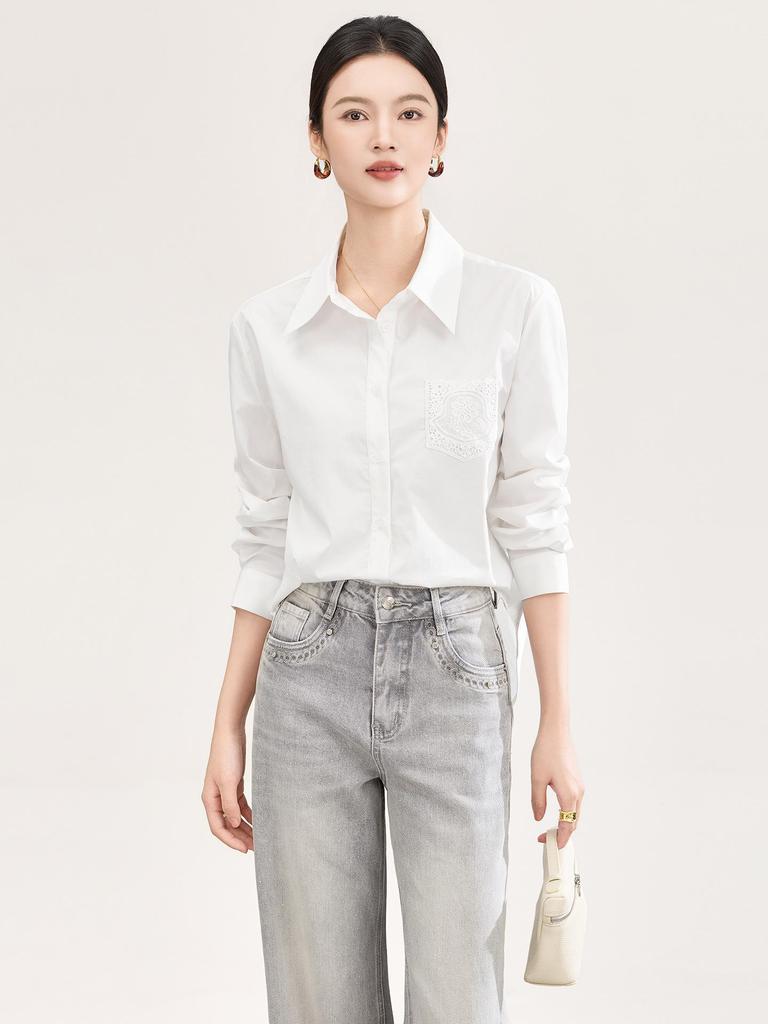 Women's Early Spring Loose Casual Lace Cotton Shirt with Bamboo Joint Design