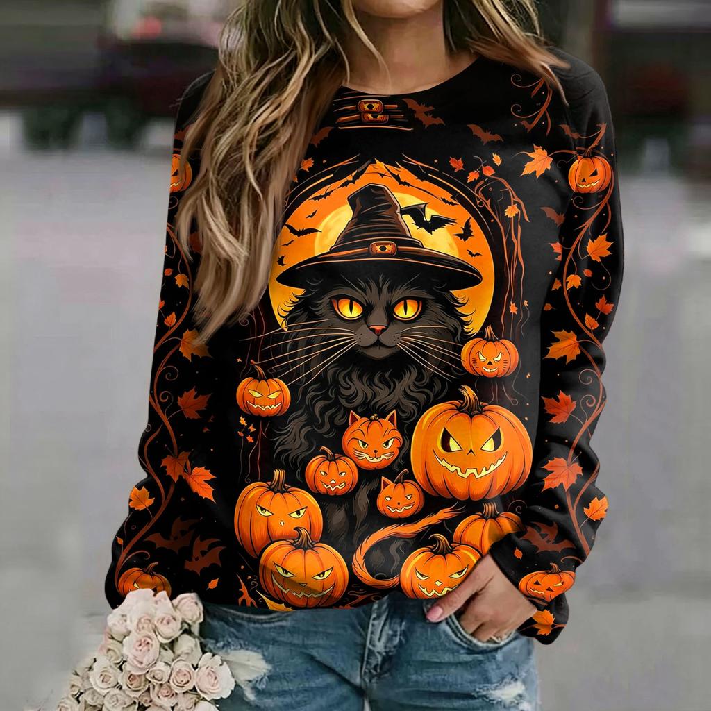 Women's Casual Halloween Print Raglan Long Sleeve Neck Sweatshirt Top