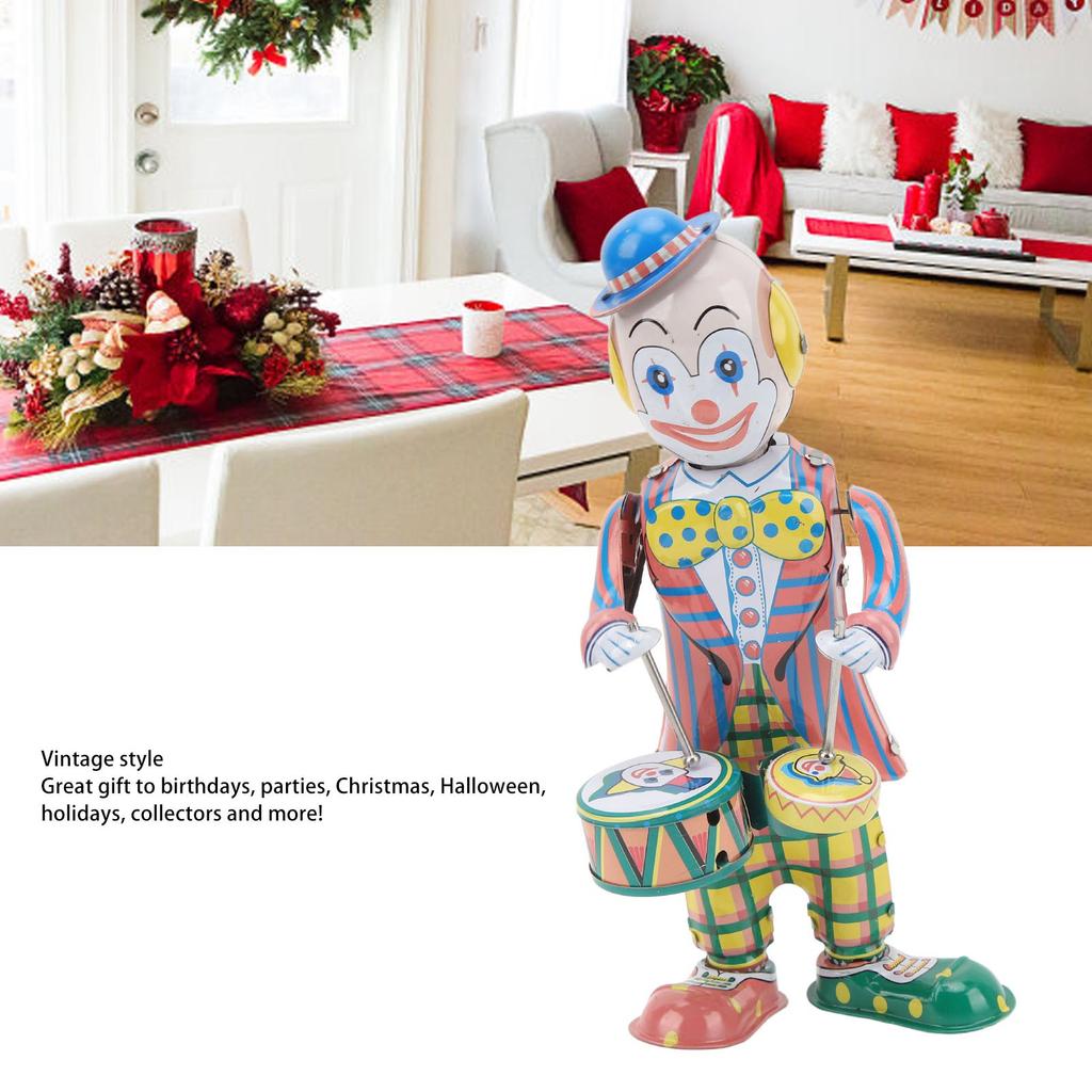 Wind Up Clown Tinplate Retro Clockwork Clown Drummer Figure Vintage Clown Toy for Kids Desktop Decoration Ornament Party Favor Gift