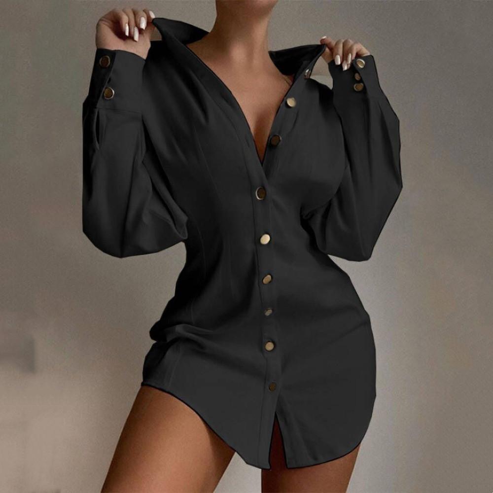 

GMXIA Женские модные летние весенние повседневные платья с длинным рукавом и воротником-поло XXL чёрный