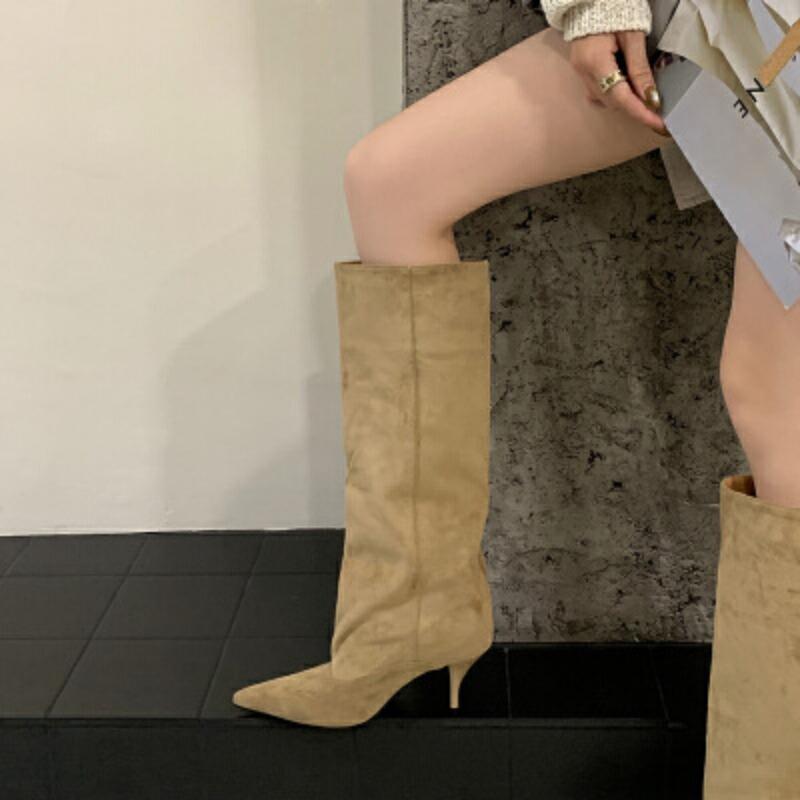 Autumn and winter new retro pointed simple suede fashion high heel thin heel knight boots but knee boots women