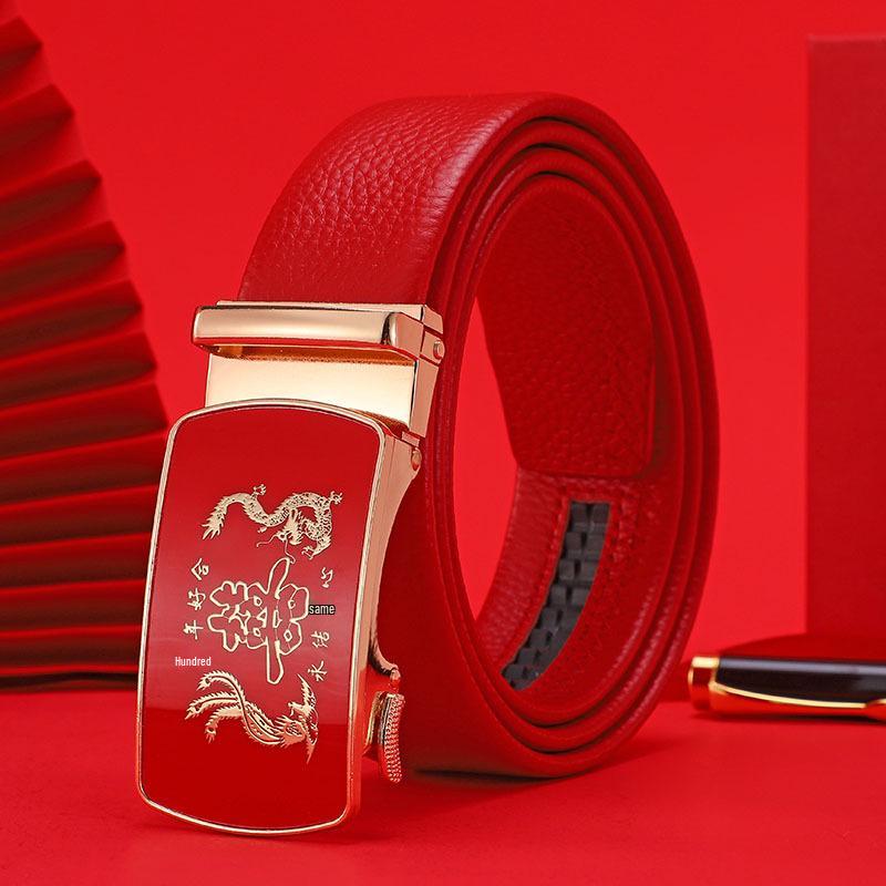 

Мужской красный кожаный ремень «Счастливый год Дракона» - Повседневный и универсальный, износостойкий, дизайн «К богатству» 120cm for below 80kg