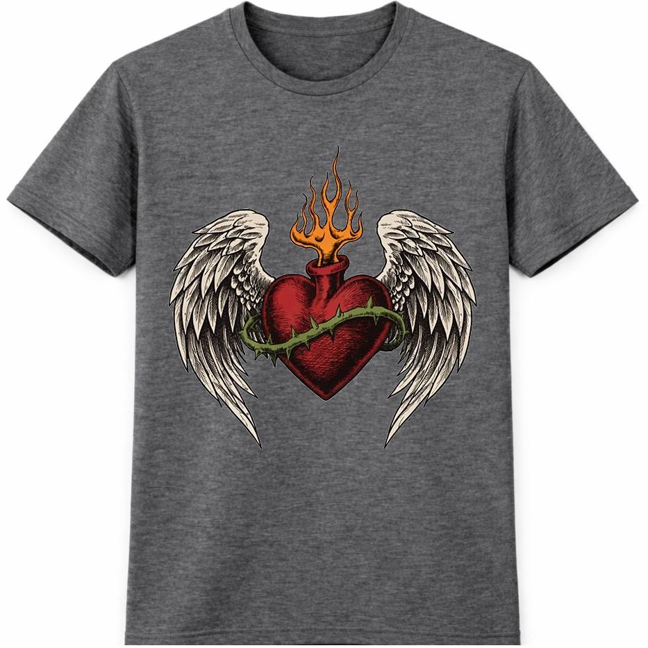 Flaming Heart T Shirt Angel Wings Tattoo Style Biker Gothic Graphic Tee