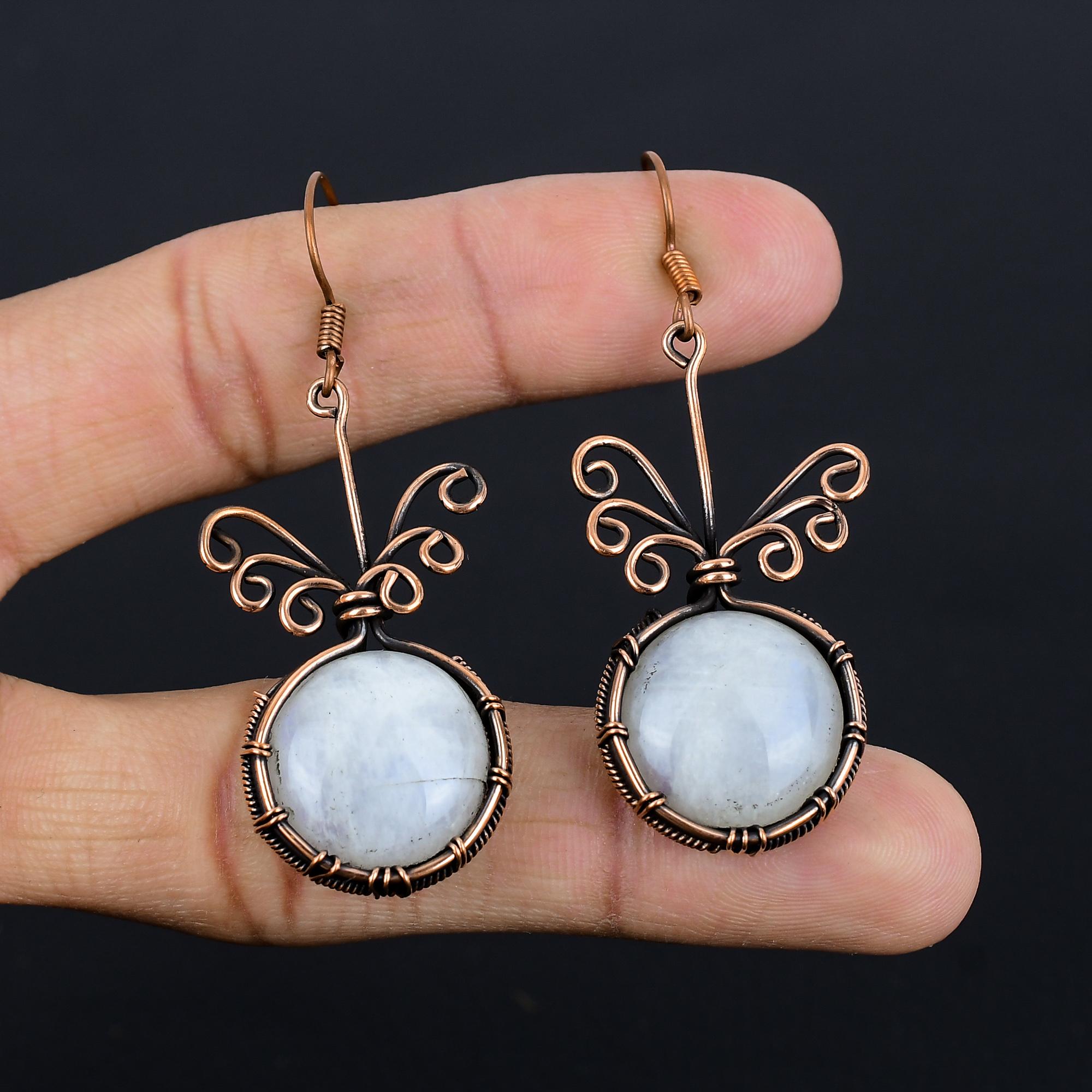

Moonstone 999 Copper Wire Wrapped Earrings, Handmade Gemstone Earrings Jewelry, Gifts For Wife Brand New Earrings 2.55 Inches