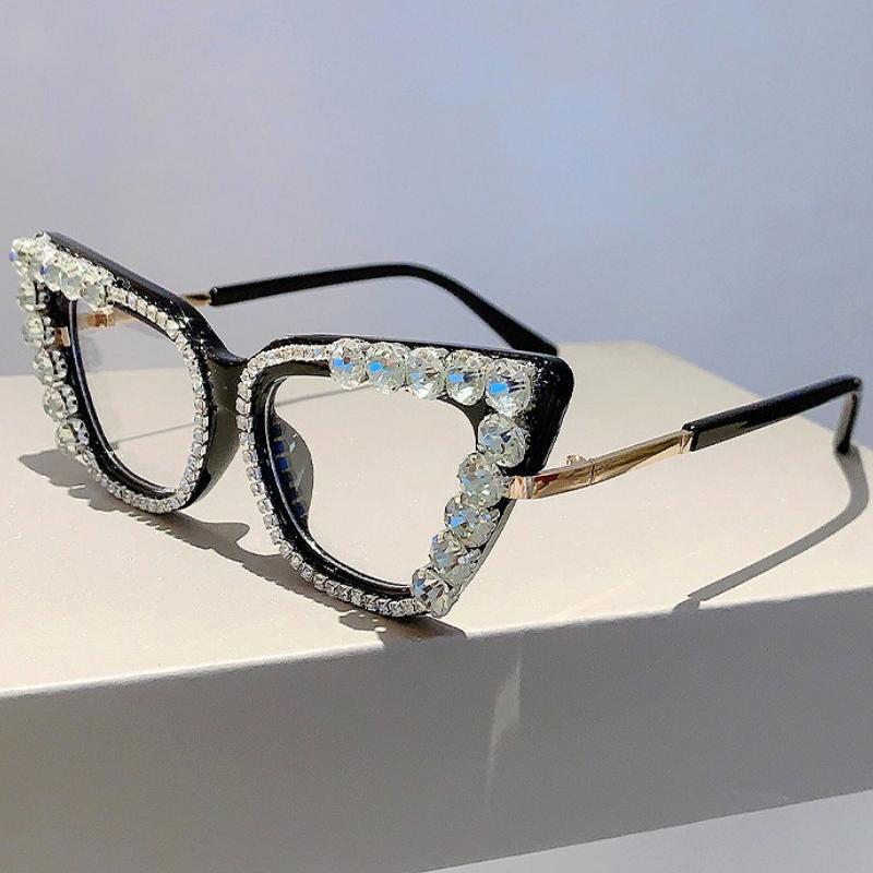 Diamond Decoration Cat Eye Glasses for Women Fashion Blue Light Blocking Computer Gaming Eye Protection Classic Plain Glasses
