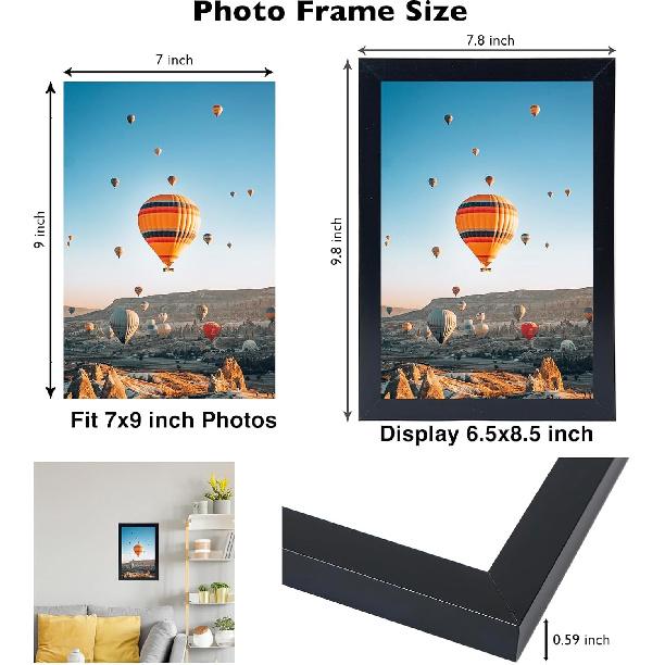 7x9 Picture Frame Black for Wall Hanging or Tabletop- Wall Mounting Horizontally or Vertically, 7 x 9 Wall Gallery Poster Photo Frame for 7 by 9