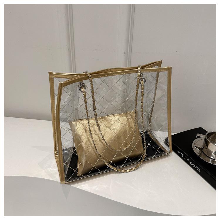 

Весна 2024 Женская большая прозрачная сумка-тоут из ПВХ - Повседневная сумка через плечо, Летний тренд золотой/прозрачный