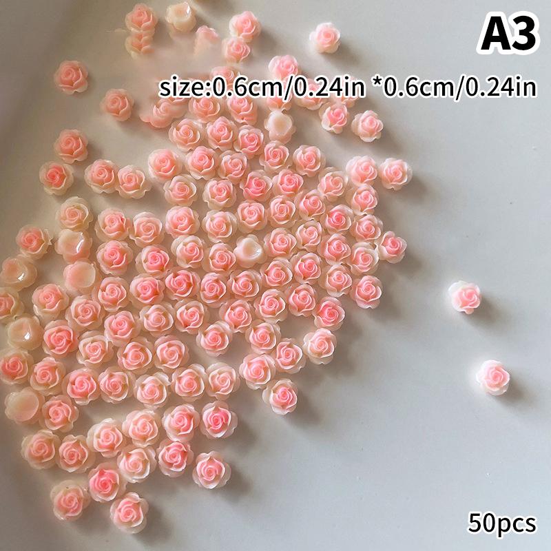 50 Pcs 3D Size 6/7/8Mm Pearl Resin Flower Rose Nail Charms Accessories Pink Rose Red Nail Art Luxury Decoratons Supplies Diy