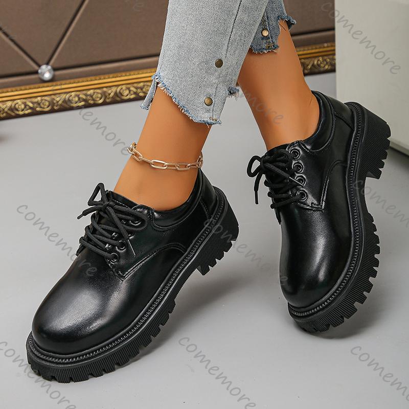 Fashion Comemore Women's Platform Shoes Fashion Black PU Leather Lace Up Office Work Pumps Woman Round Toe Chunky Heel Dress Loafers