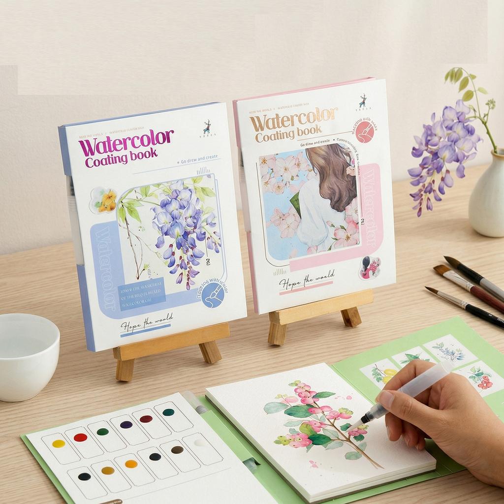 4styles Foldable Watercolor Coloring Book DIY Portable Painting Set with Pigment Adult Stress Relief Art Supplies