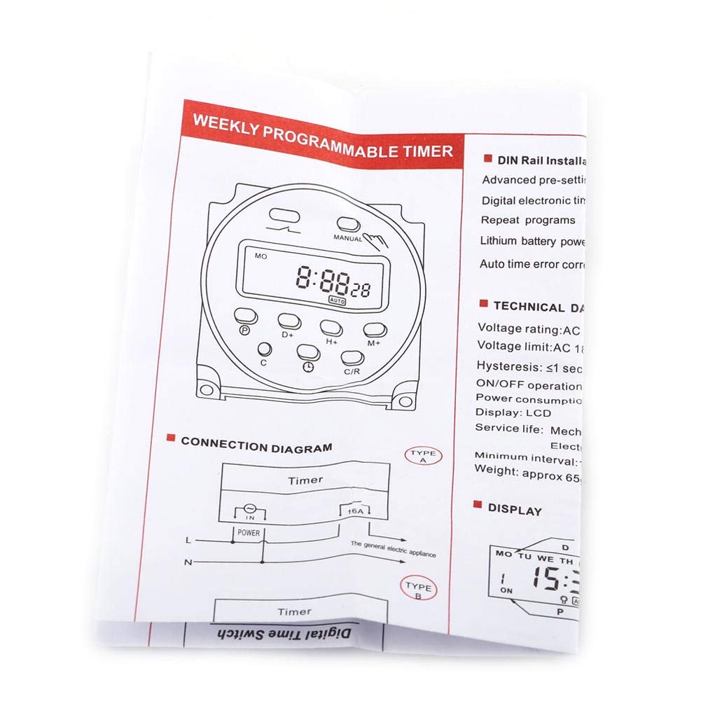 LCD Digital Time Switch Programmable Timer Weekly 17 On & 17 Off Relayator Timer 24VAC DC 110VAC 220VAC Selection Instruction Manual Included (24V)