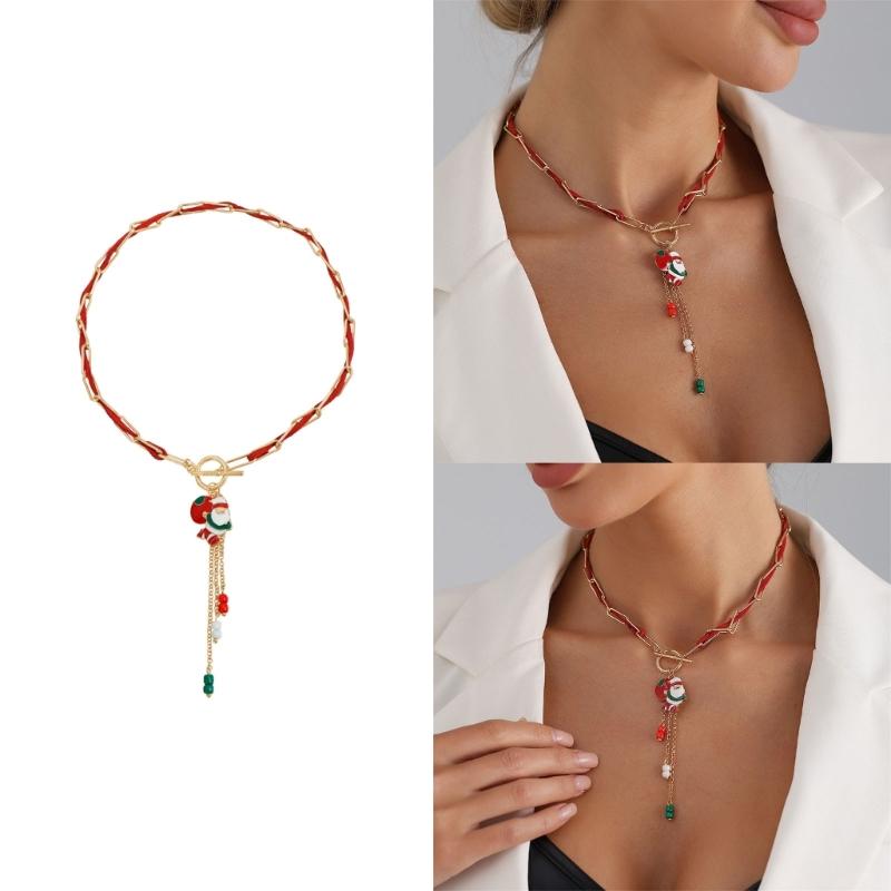 Christmas Themed OT Closure Necklace Feature Santa Charm Alloy Neck Jewelry Neckwear for Gifting and Daily Wear