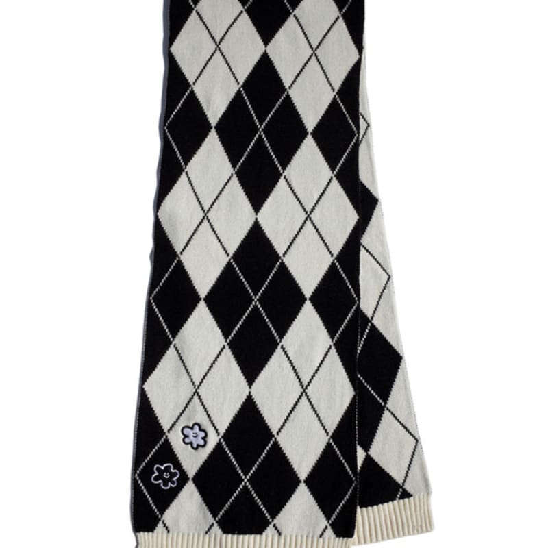PIECEMAKER ARGYLE MONO DAISY KNIT MUFFLER (black)