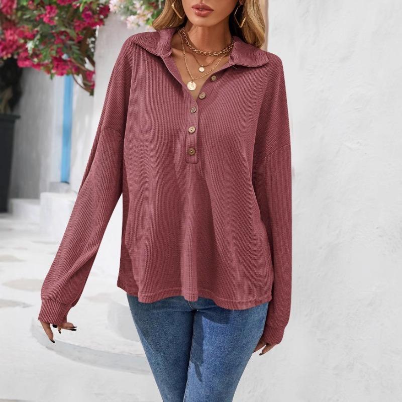 Plus Size Women's New Autumn Lapel Button Solid Color Long Sleeved Top