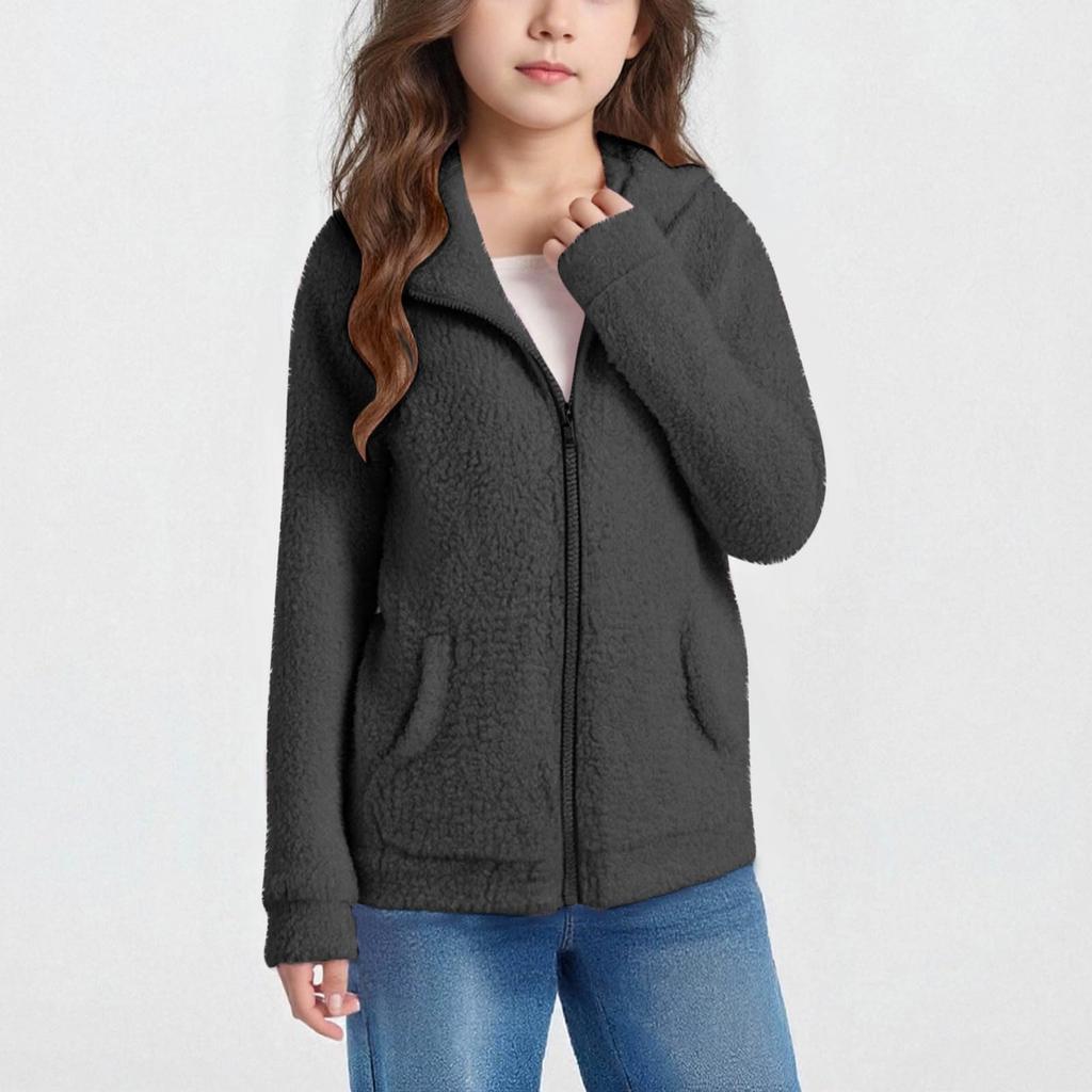 Children's Autumn/Winter Warm Fleece Hooded Pocket Long-Sleeve Solid-Color Jacket