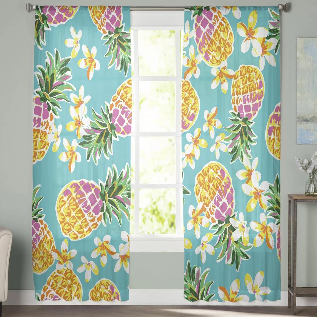 Yellow Pineapple Fruit Flower Tulle Curtains Living Room Bedroom Decoration Transparent Chiffon Voile Window Curtain Light Filtering For Polyester