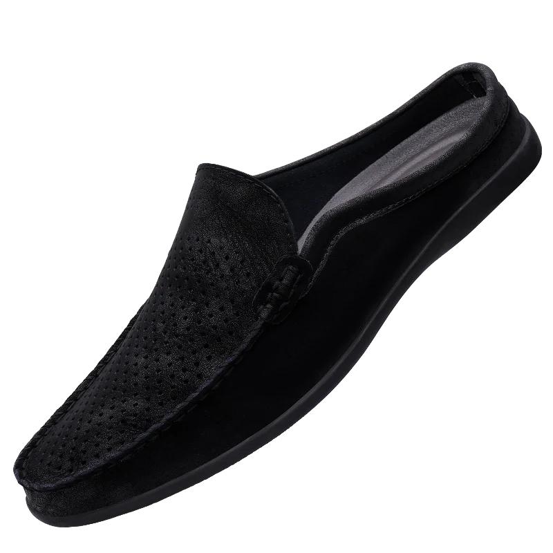 Fashion 2025New Men Summer Breathable Hollow Out Sandals Casual Leather Soft Bottom Walking Shoes Outdoor Flat Designer Half Drag Shoes