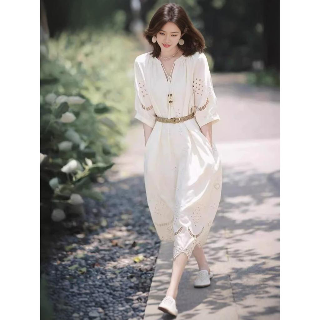 Boho Hollow Embroidery Midi Dress, Tassel V Neck 3/4 Sleeve Dress with Free Woven Belt, 75% Polyester S-XL