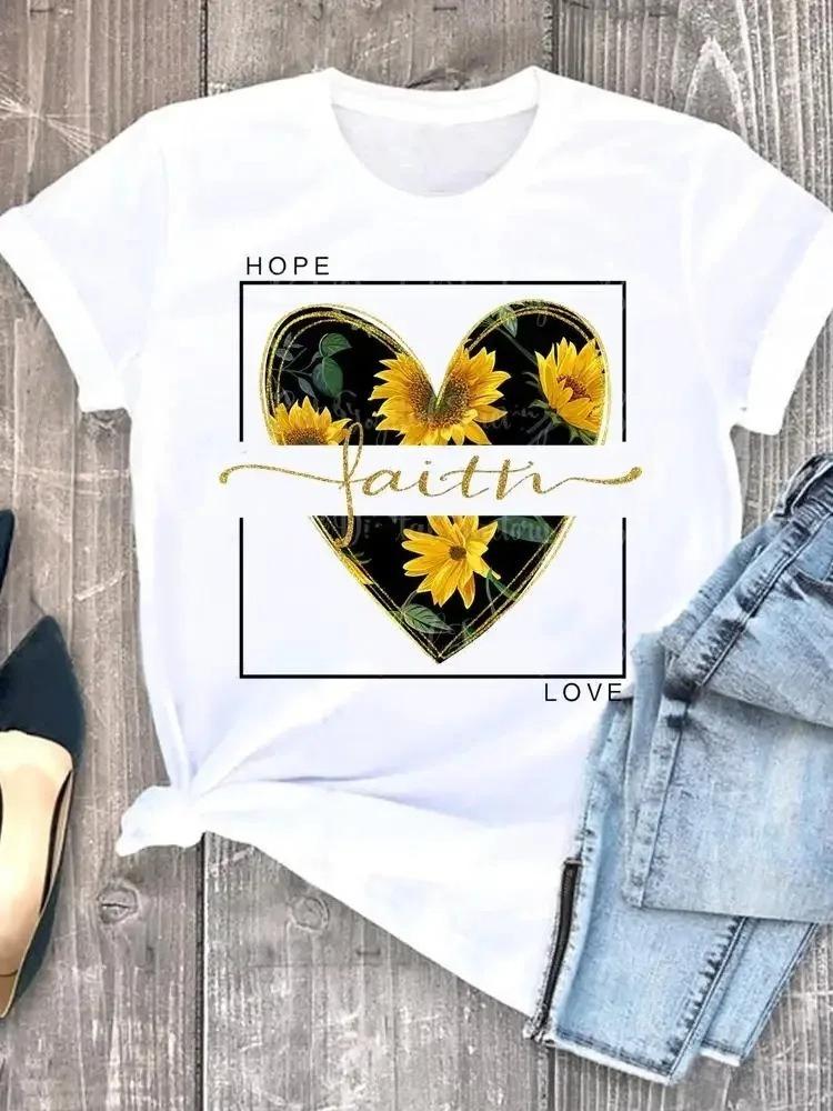 Womens White Short Sleeved Tshirt  Sunflower Bicycle Printed Casual Summer Fashion Tshirt with Rose Heart Pattern Top