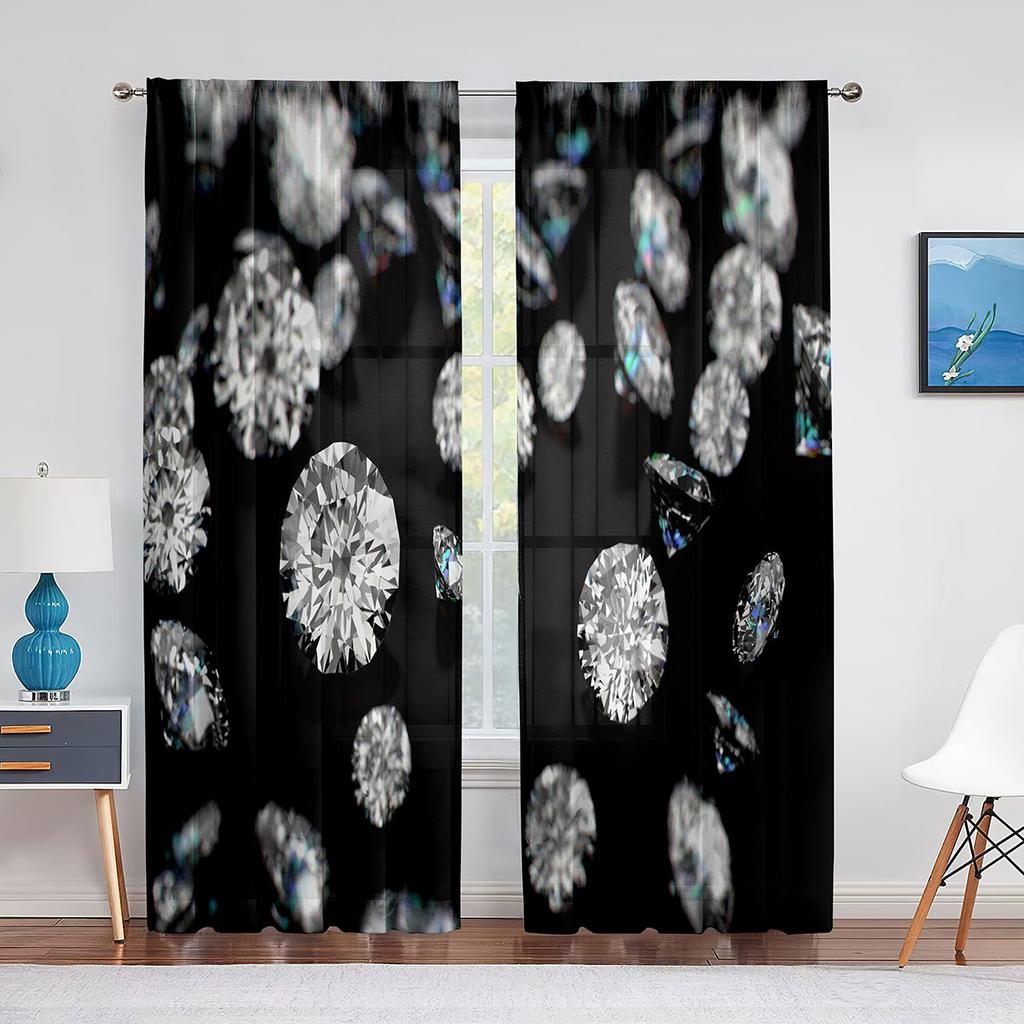 Falling Jewelry Diamonds On The Black Background Tulle Curtains for Living Room Bedroom Decor Chiffon Sheer Voile Window Curtain
