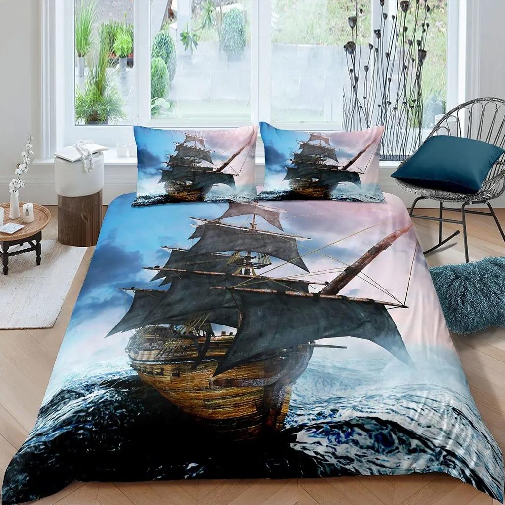 Nautyczny Statek Żaglowy Król Królowa Poszwa na Kołdrę Szary Piracki Statek Zestaw Pościeli Styl Retro Poszwa na Kołdrę Miękka Poliestrowa Poszwa na Kołdrę