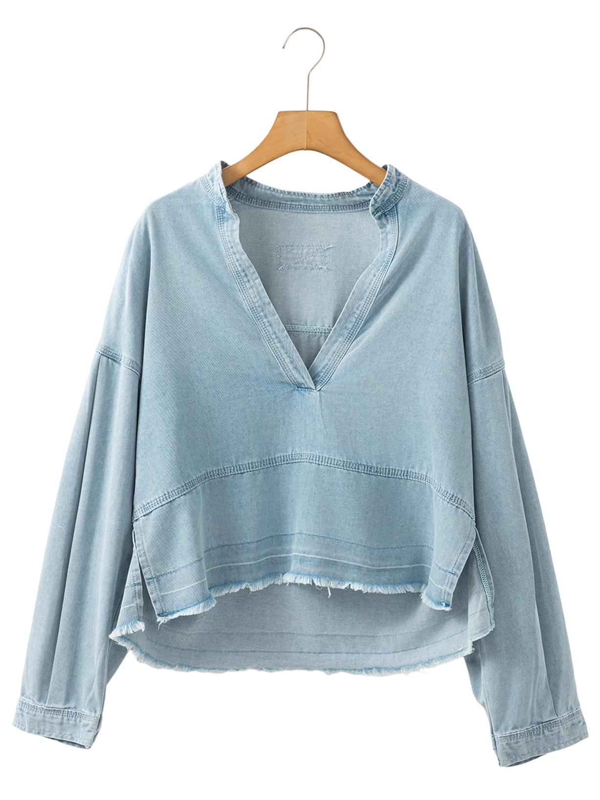 

Женский ретро джинсовый пуловер с глубоким V-образным вырезом - Европейский и американский стиль, длинный рукав, осень L небесно-голубой