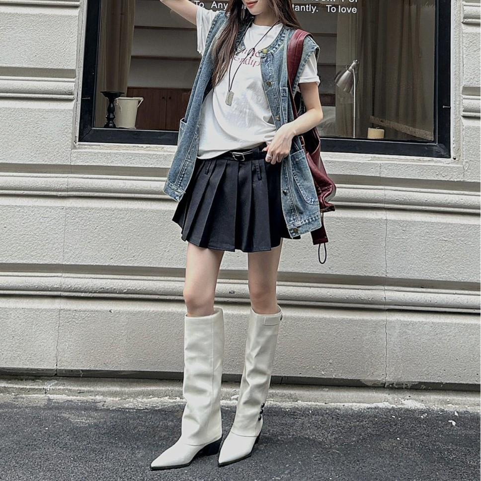 White high-heeled trousers knight boots women's shoes 2025 new spring and autumn winter brown rivets stacked pointed long boots