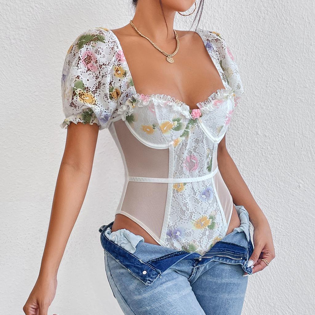 New Printed Lace Mesh Steel Ring Bubble Sleeve Printed Hollow Out Perspective Bodysuit