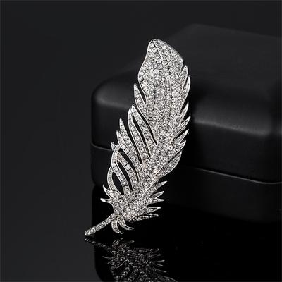 Full Rhinestone Silver Color Feather Brooches For Women Vintage Luxury Design Fashion Brooch Pins New Shiny Jewelry