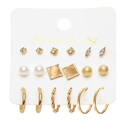 Gold Color Vintage Geometry Pearl Earrings Set Metal Twine Square Dangle Earrings Round for Women Simple Trendy Party Jewelry