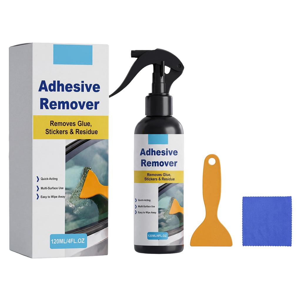 Spray Rimuovi Adesivi 120ml Rimuove Residui di Colla e Adesivi Uso Multi-Superficie Formula ad Azione Rapida con Raschietto e Panno per la Pulizia Inclusi