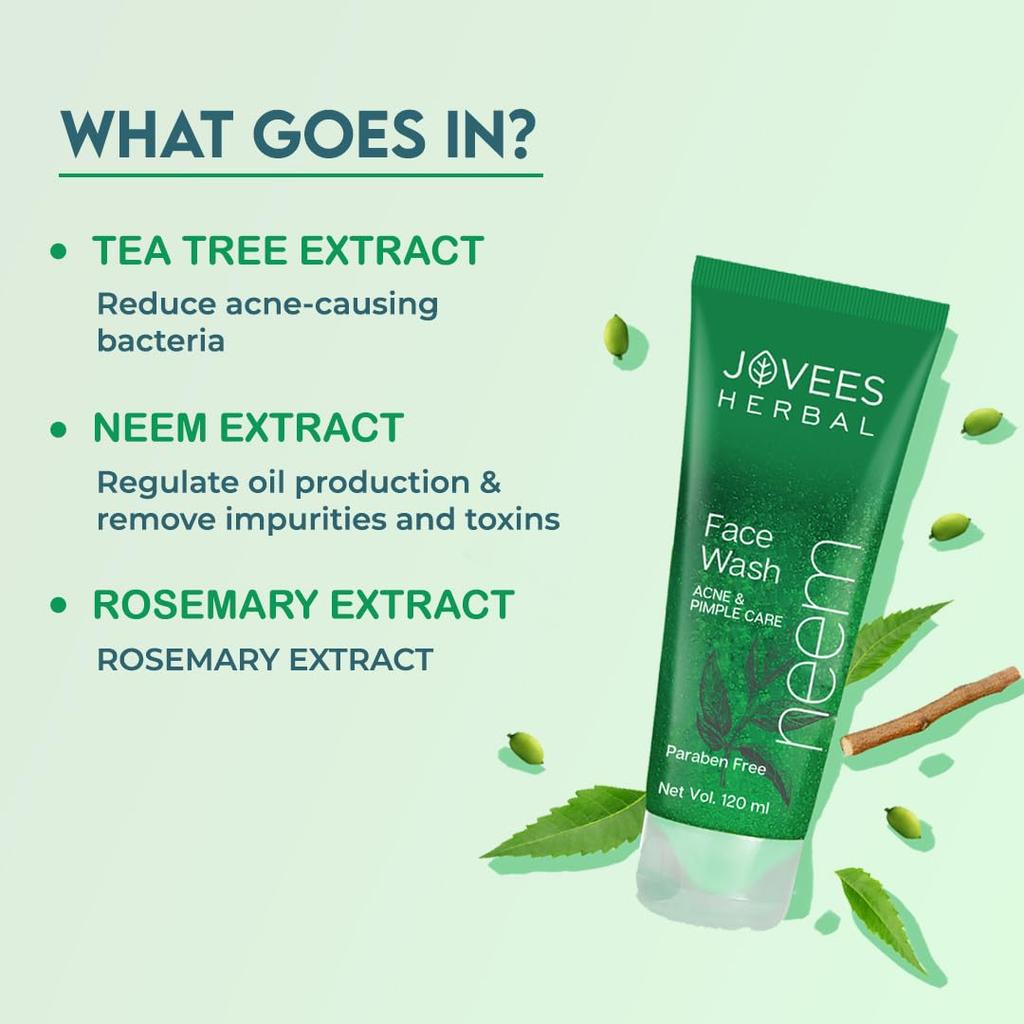 Jovees Herbal Neem Face Wash 120ml | Oil Control Cleanser For Acne Prone Skin | Gentle Daily Face Wash For Men And Women