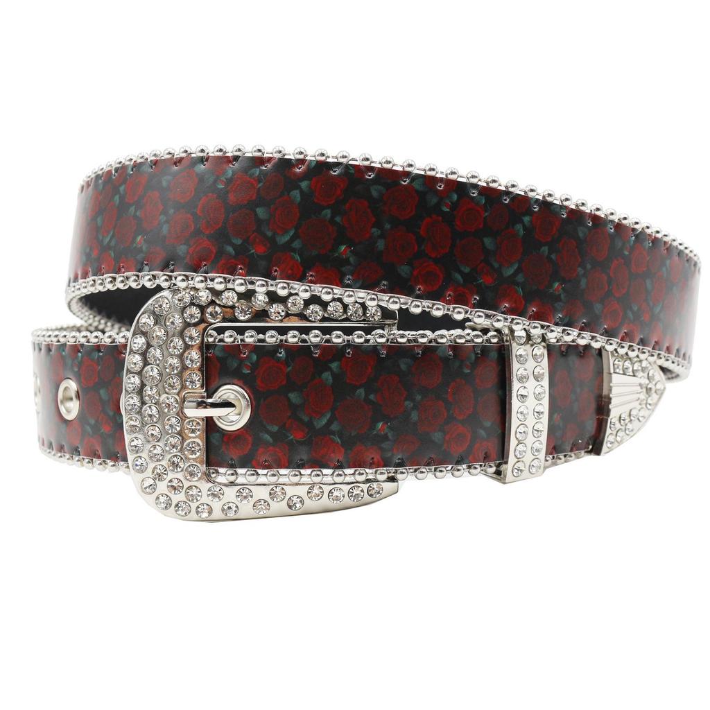 Women's Wide Leather Belt with Rhinestone Red Rose Print & Pin Buckle