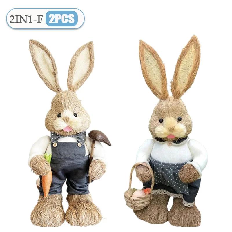 2PCS New Cute Straw Rabbits Bunny Decorations Easter Party Home Garden Wedding Ornament Photo Props Crafts 35cm Cute Home Decor