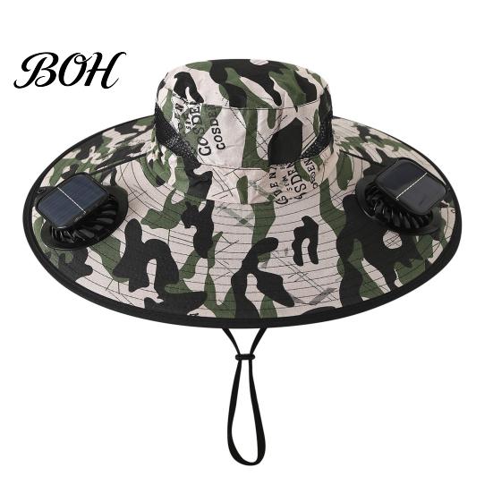 Cycling Cooling Hat Solar Fan Hat, UPF 50+ Wide Brim Sun with 2 Cap Fans, & USB Rechargeable, 3 Speeds for Fishing/Camping/Hiking/Gardening