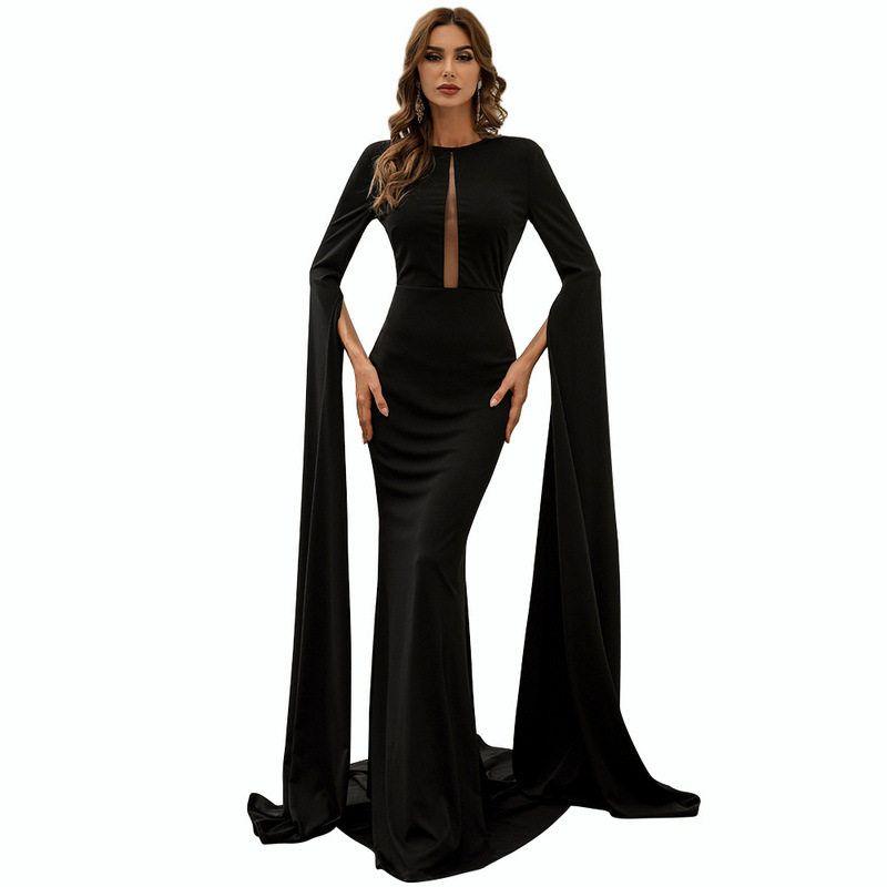 European and American Style Long Dress, Fishtail Gown, Solid Color Floor-Length Dress, Fashionable and Elegant Foreign Trade Gown, Long Dress In Black