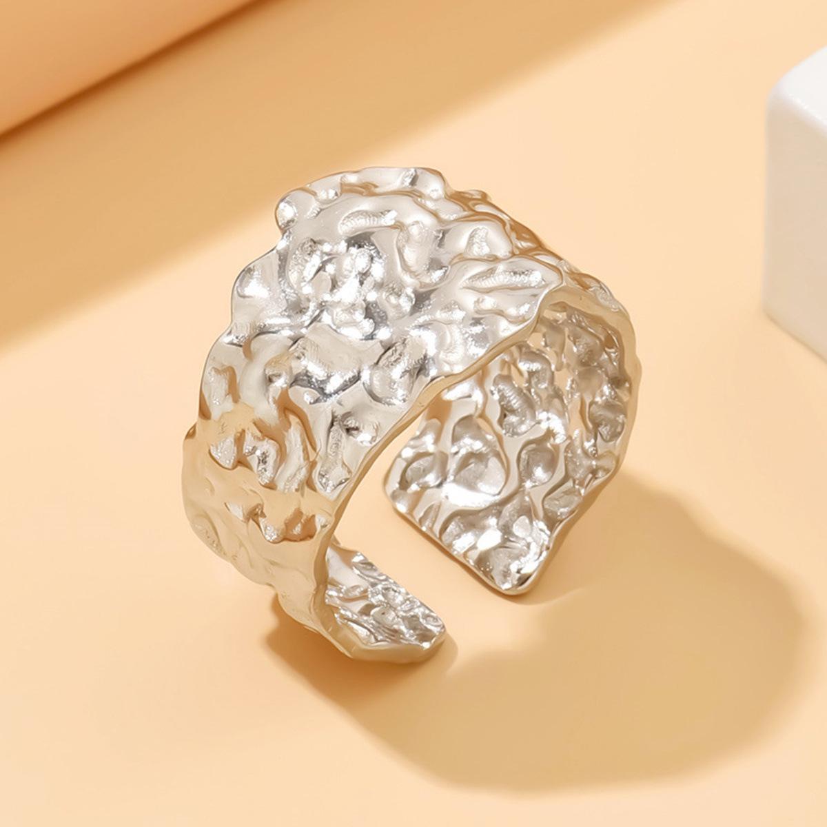 High-End Adjustable Stainless Steel Baroque Hammered Wide Band Ring for Women