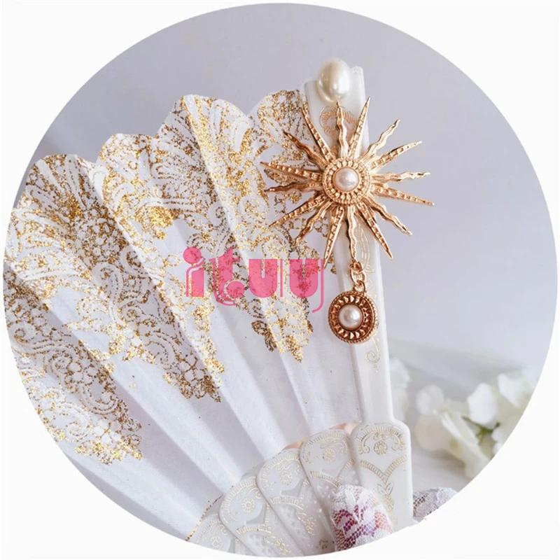 Handmade Lolita Vintage Gothic Black White Lace Hand Fan Golden Sun Flower Cross Folding Hand Fan for Photo Props Show Dancing