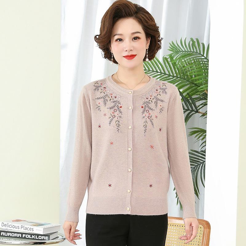 Women's Crew Neck Wool Cardigan Autumn/Winter Loose Fit with Rhinestone Embroidery Knit Cardigan Top