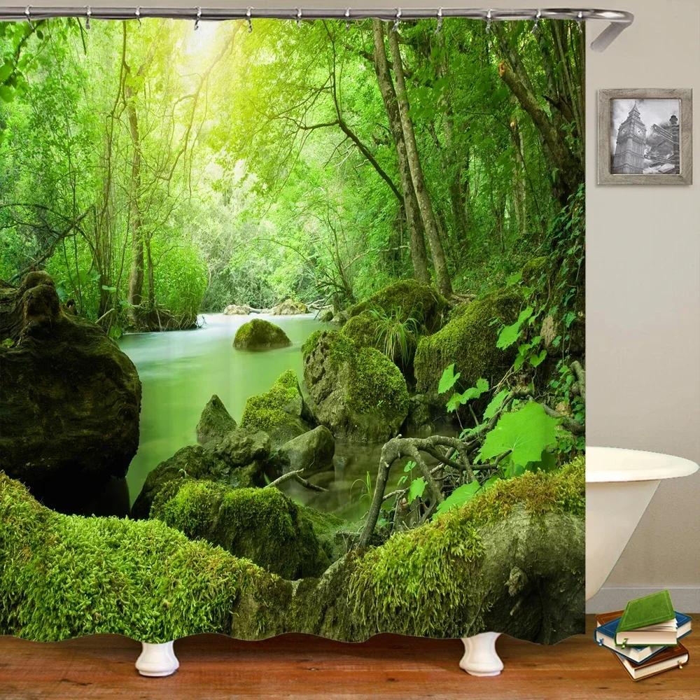 Natur Waldlandschaft Duschvorhänge Badezimmervorhang Stoff Wasserdicht Polyester Landschaft Badevorhang mit Haken