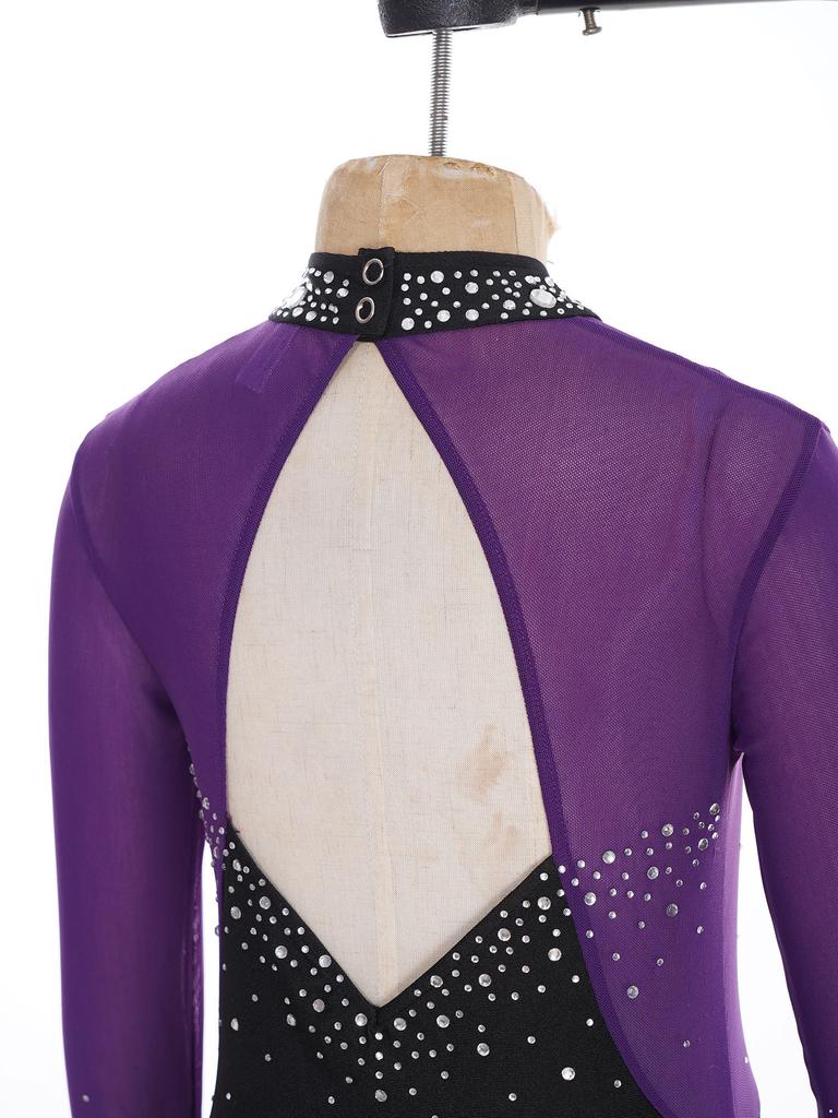 Fete Body Sclipitor cu Strasuri Bloc de Culoare Plasa Transparentă Patchwork Fustă Body Dans Patinaj Artistic Gimnastică