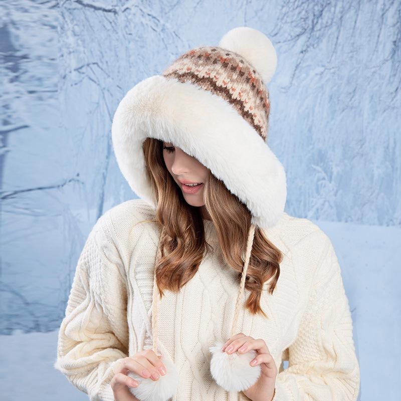 Women Autumn Winter Warm Thicken Ear Protector Knitted Hat Cold Velvet Hair Ball Outdoor Cycling Bomber Hat Sweet Cute Lei Feng Hat