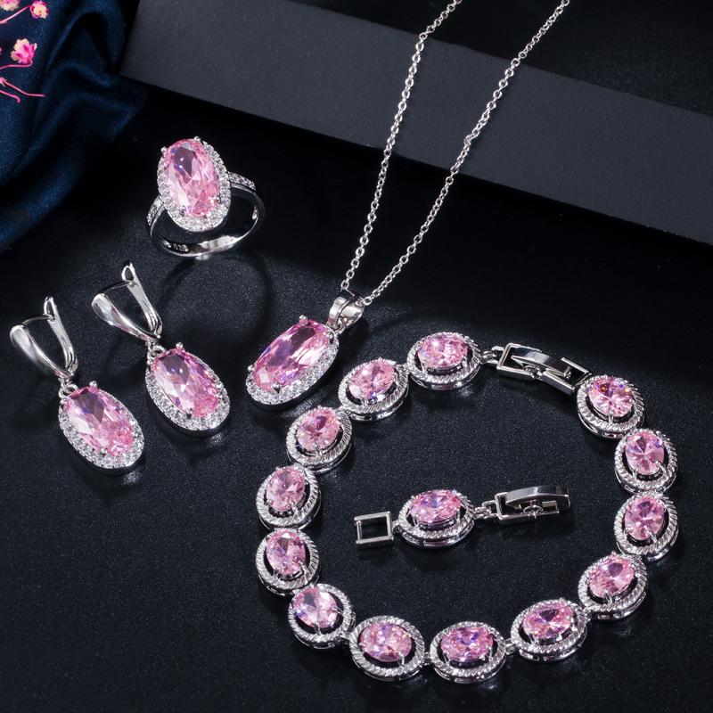 Jewelry Pink Necklace Earrings Ring Bracelet Four-Piece Set, Jewelry Set
