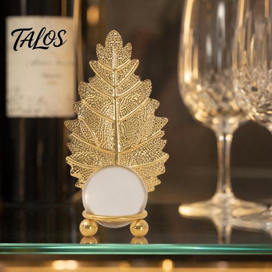Light Refraction Ornament Faux Crystal Ball with Gold Leaf Stand, Metal Statue Clear Sphere Transparent Decorative for Office, Bedroom, Entryway,