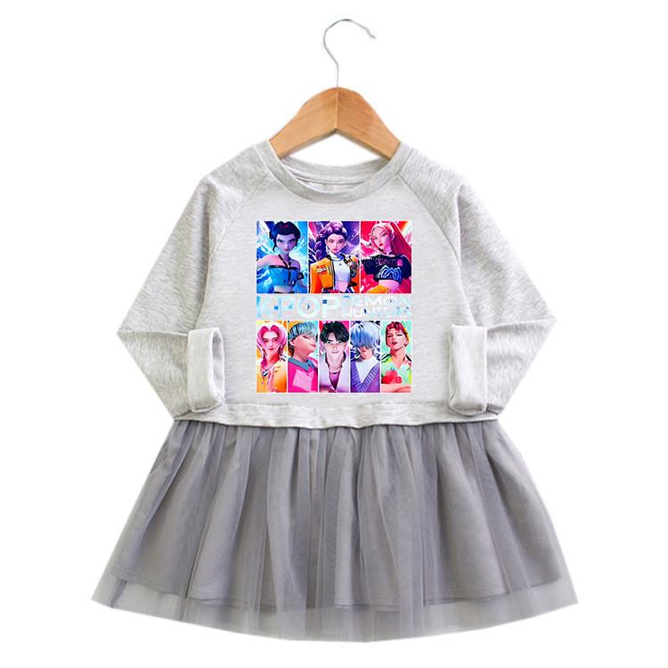 Girls Cartoon Kpop Rumi Zoey Mira Hunters Print Pleat Mesh Dress