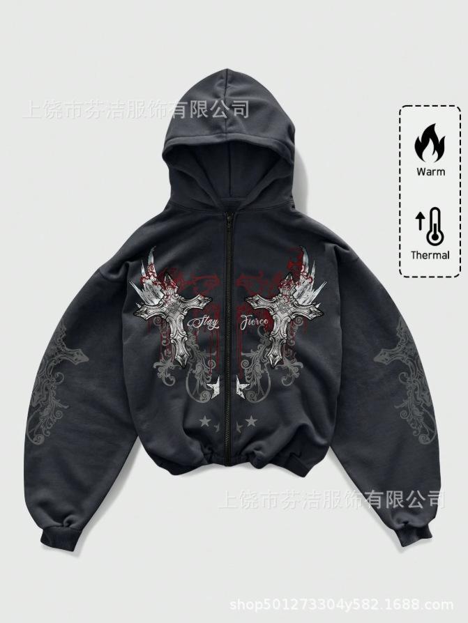 Dunkler Kapuzenpullover für Herren, Europäischer und Amerikanischer Pullover, Jacke mit Magisches Schwert Aufdruck, Vintage Street Top, Trendig für Männer und Frauen
