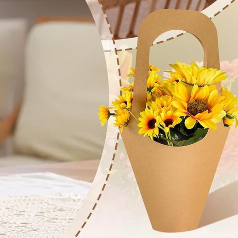 Flower Arrangement Bags with Top Handle, 12 Brown Paper Bouquet Wrap Bag for Carrying Flower, Packaging Party Favors, and Birthday, Wedding